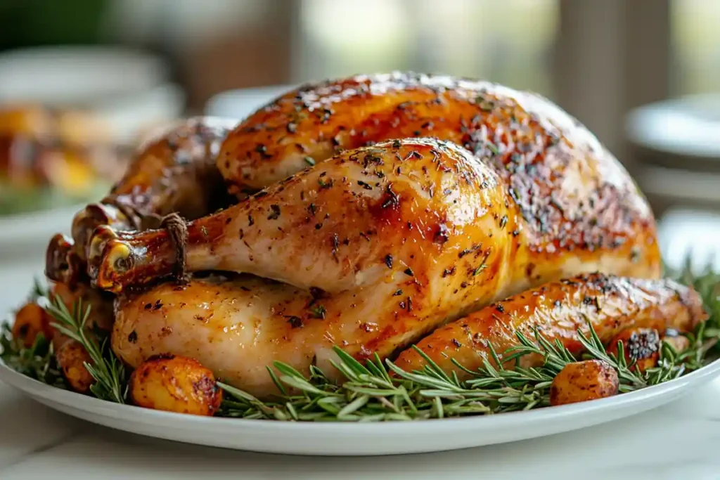 Golden roasted turkey served on a platter with rosemary and orange slices.