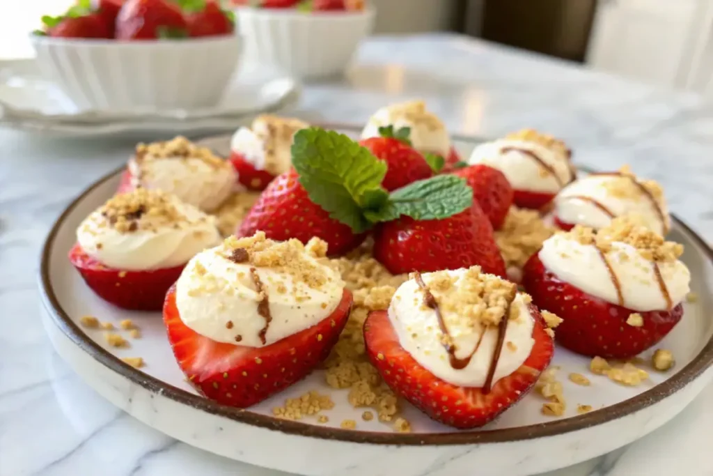 Finished cheesecake deviled strawberries garnished with chocolate and mint.