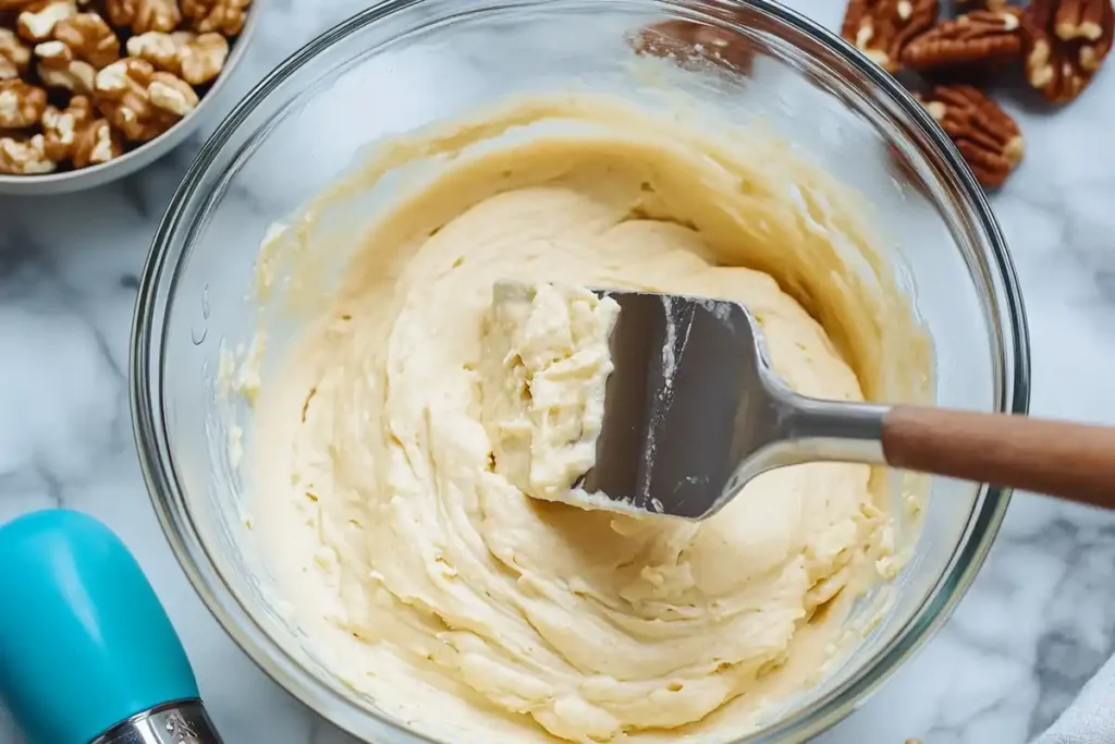 Folding banana bread batter with a spatula in a glass bowl.