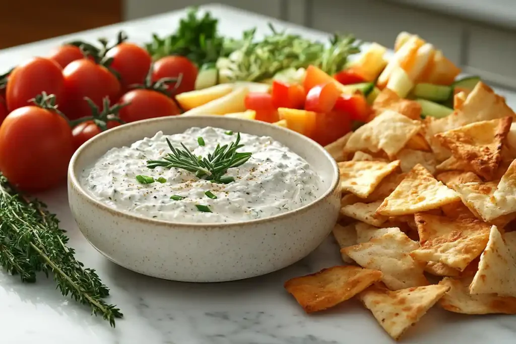 Knorr vegetable dip served with pita chips and vegetables