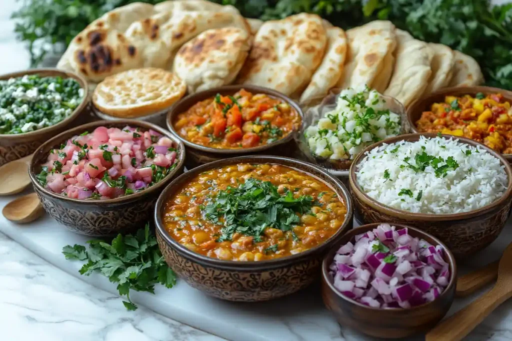 A Persian meal spread with tahdig, khoresh, and fresh herbs on white marble