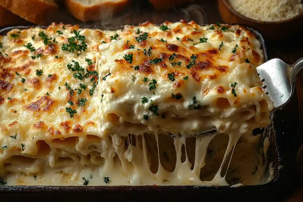 A slice of lasagna being served, showing distinct layers of pasta, béchamel, and cheese.