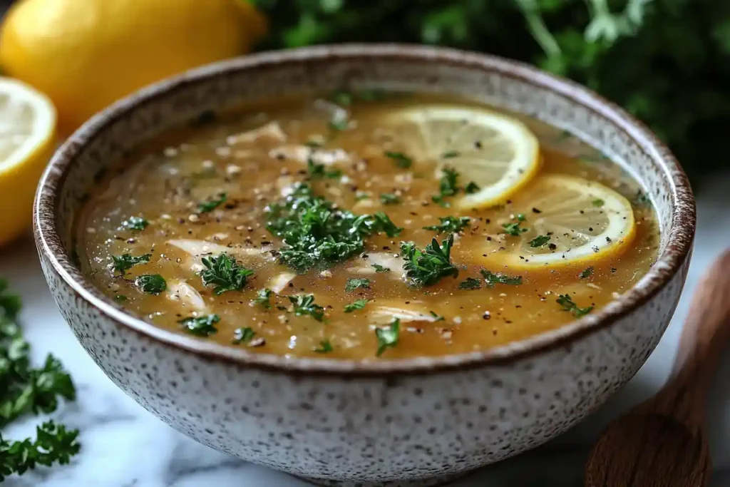 Bowl of chicken bone broth on white marble with parsley garnish