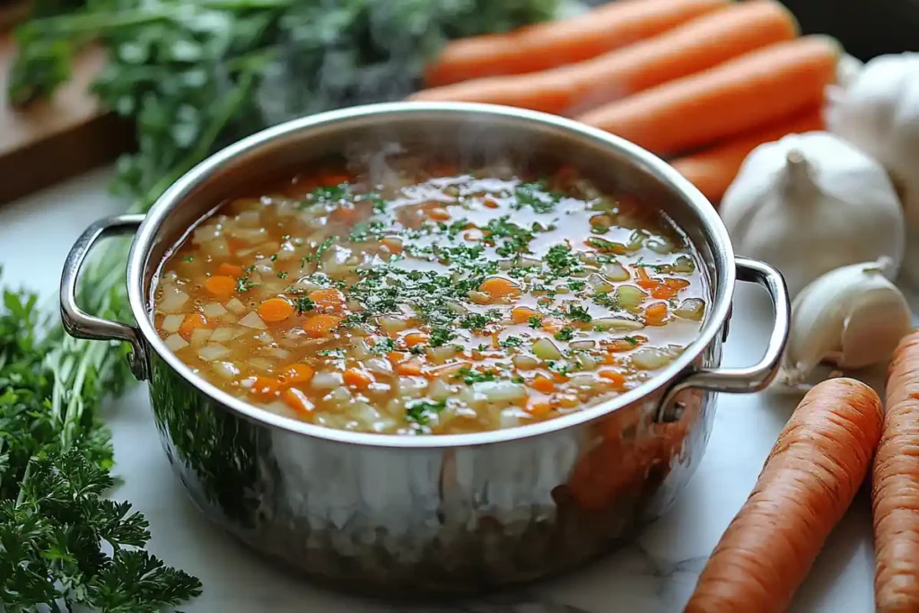 Stockpot simmering chicken bone broth with raw ingredients nearby