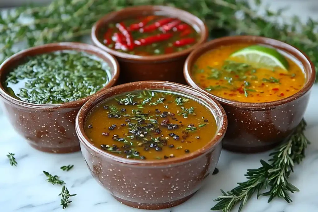 Three bowls of chicken bone broth with different variations