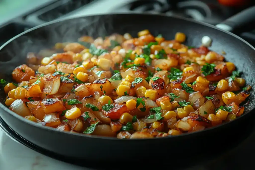 Skillet with sautéing onions, garlic, and corn.