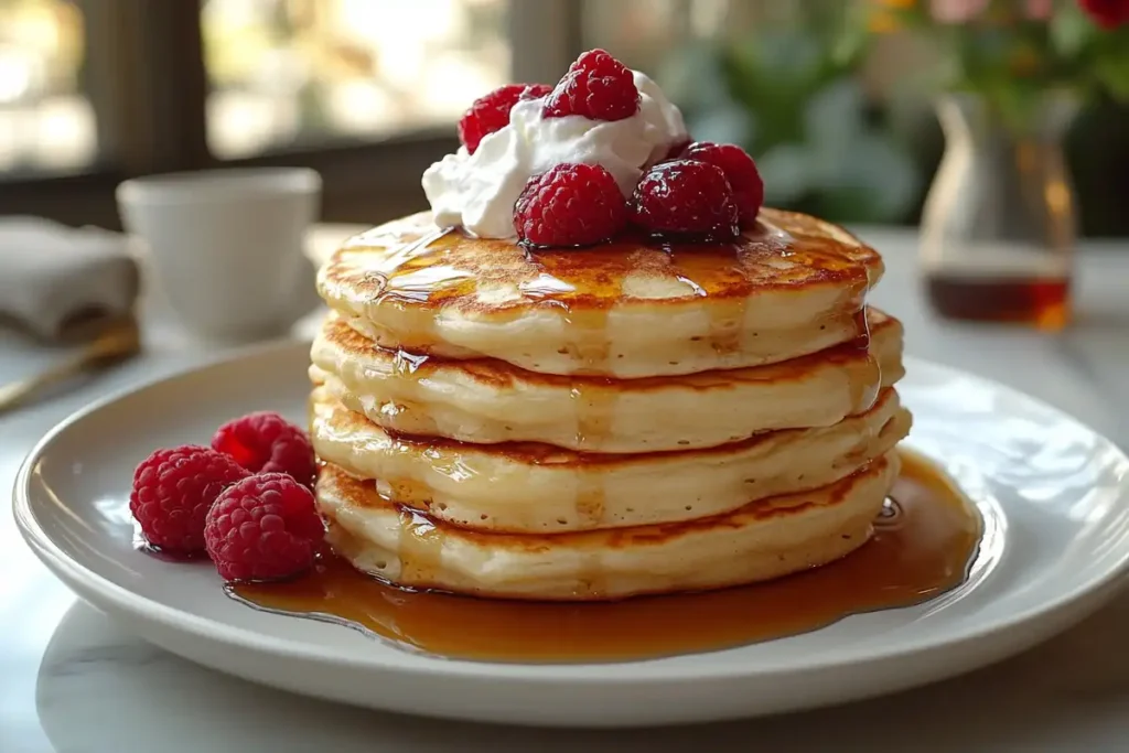 A stack of golden fluffy hotcakes with syrup and berries.