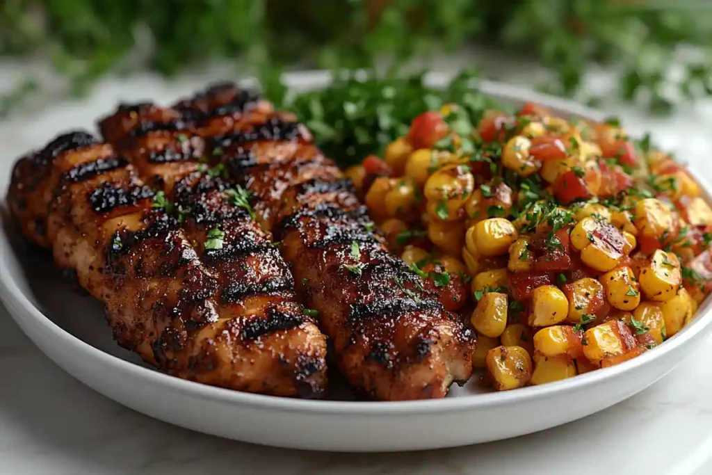 Fried corn served alongside grilled chicken.