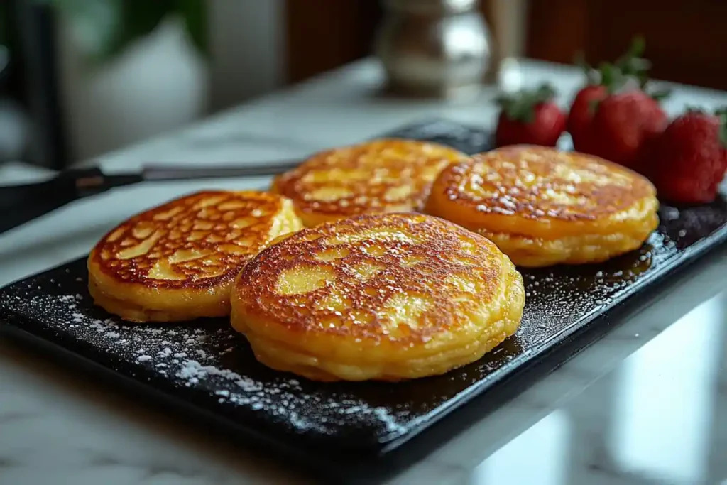 Golden hotcakes cooking on a griddle with bubbles forming.