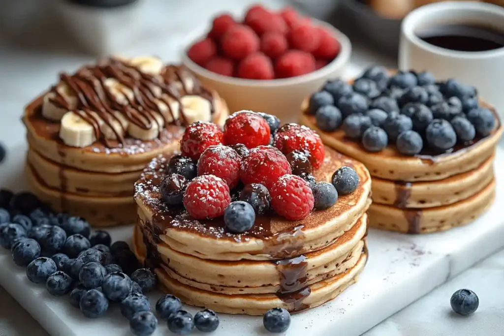 Three hotcakes with unique toppings: bananas, blueberries, and coconut.