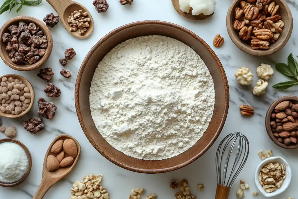 Mixing dry ingredients for hotcake mix on a white marble surface.