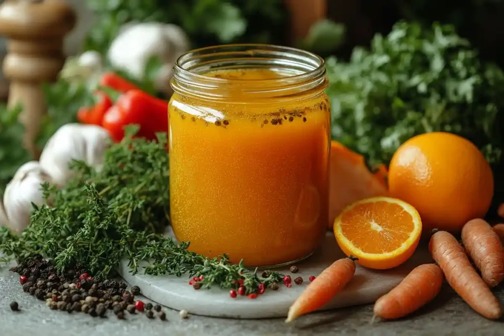 Glass jar of chicken bone broth with nutritional label