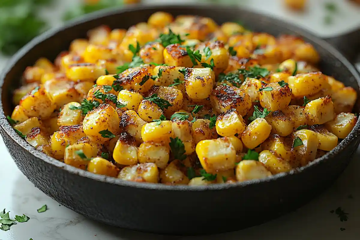 Golden fried corn in a cast-iron skillet.