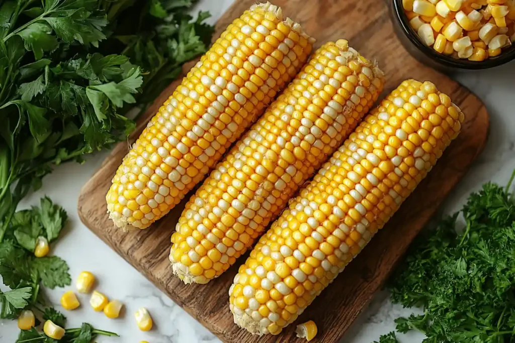 Fresh corn kernels being cut from the cob.