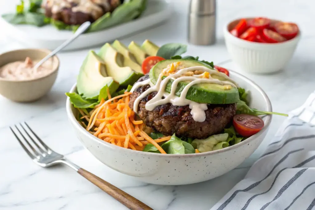 Completed burger bowl with a drizzle of creamy sauce on a white marble countertop