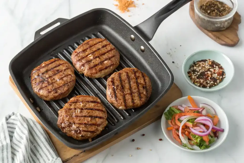 Juicy burger patties cooking on a grill pan with seasoning and veggies nearby