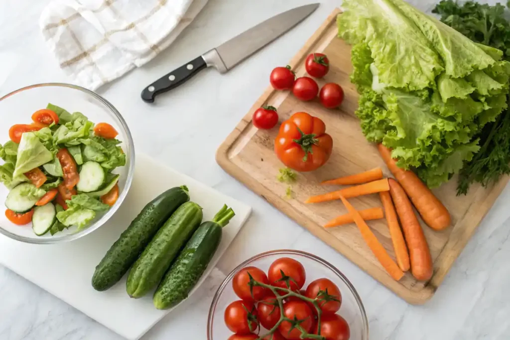 Fresh vegetables prepared for a burger bowl on a white marble countertop