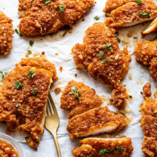 Delicious Hot Honey Chicken on parchment with sauce and thyme. Crispy, sweet & spicy perfection!