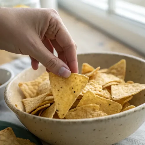 Gluten-free homemade baked tortilla chips served with a variety of dips, perfect for a healthy snack.