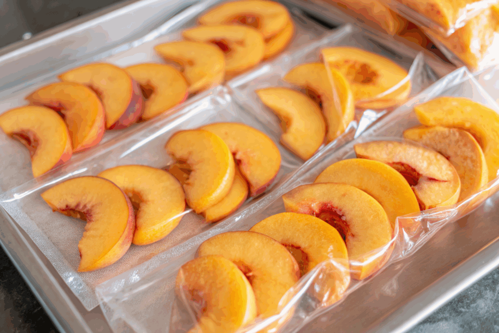 Frozen peach slices arranged in freezer bags on a tray, ready for smoothies, cobbler, and other peach recipes.