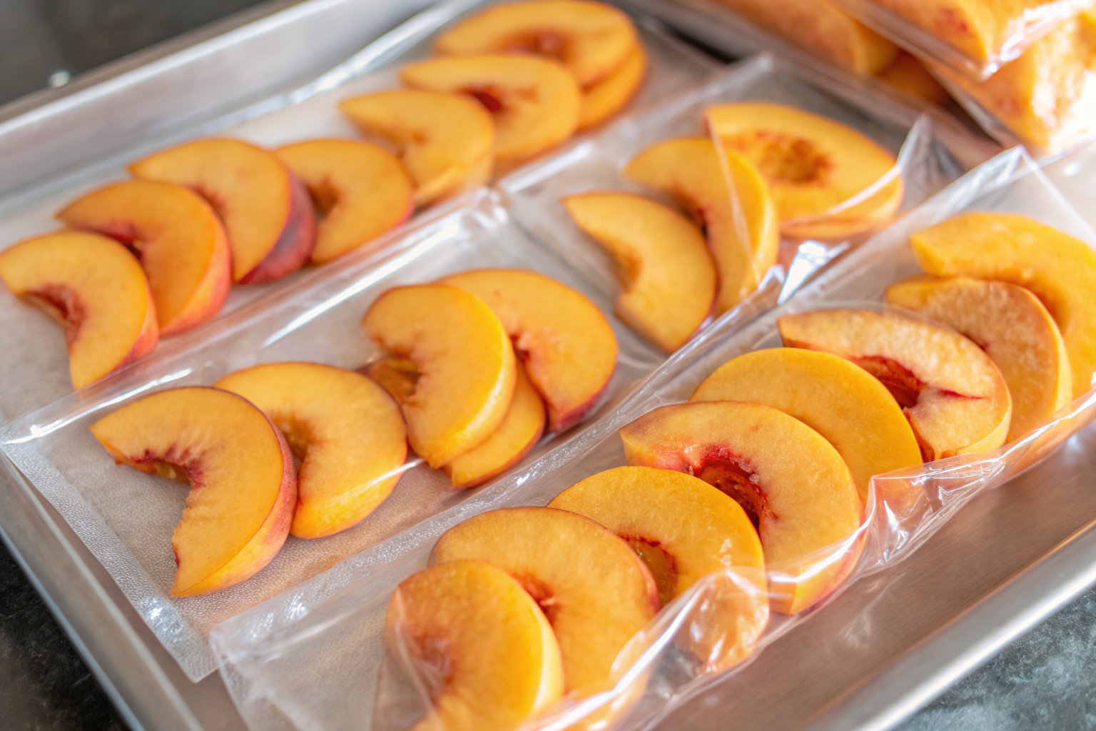 Frozen peach slices arranged in freezer bags on a tray, ready for smoothies, cobbler, and other peach recipes.