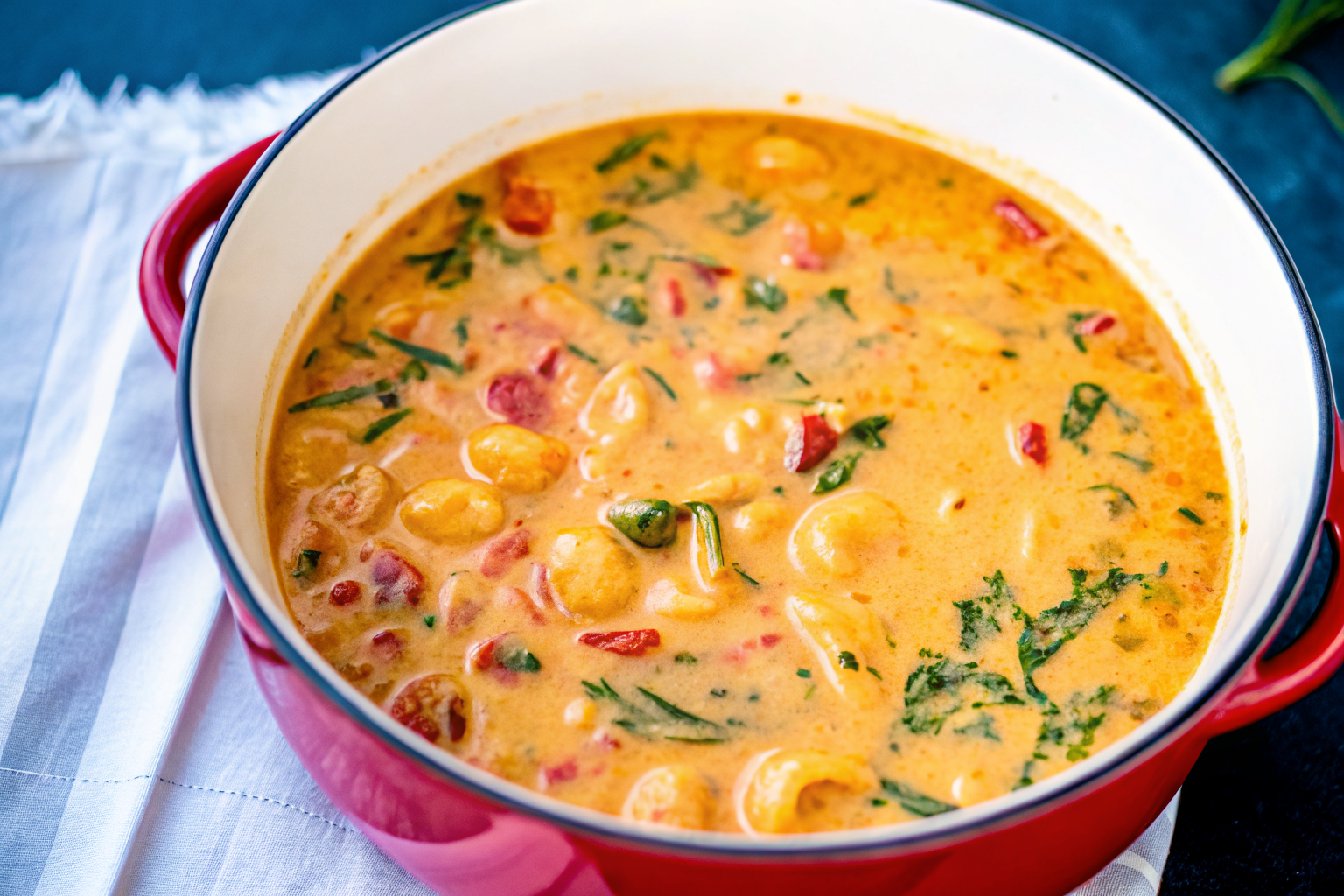 Red Dutch oven filled with creamy Marry Me Tuscan Chicken Soup with pasta, spinach, and sundried tomatoes.