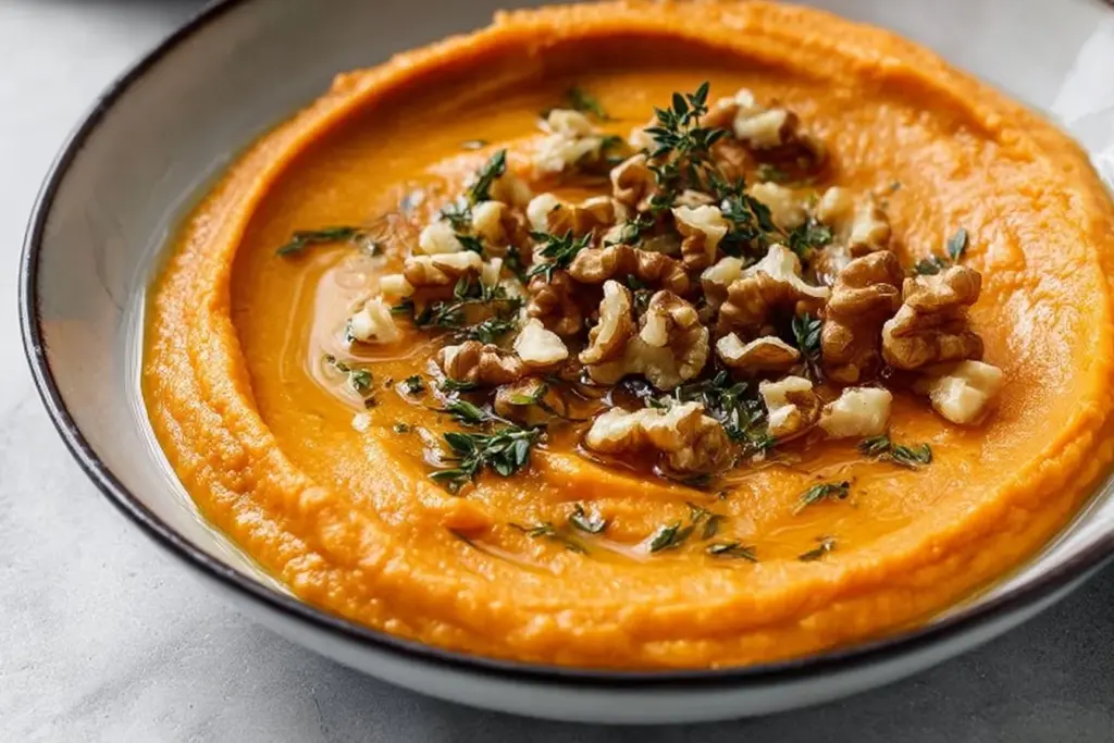 Creamy pumpkin feta dip served in a bowl with herbs and crackers on the side