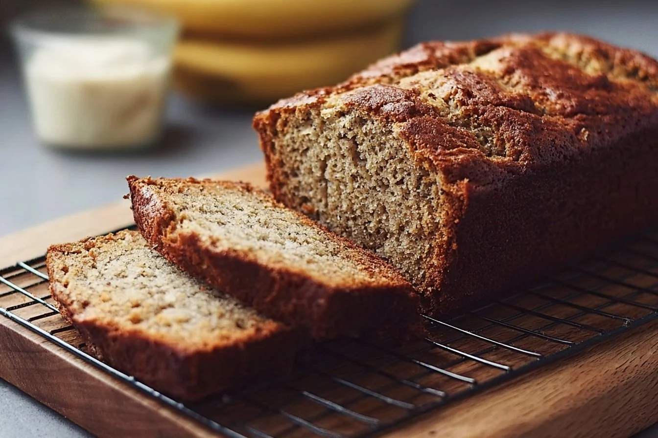 Slice of moist banana bread topped with nuts and a banana