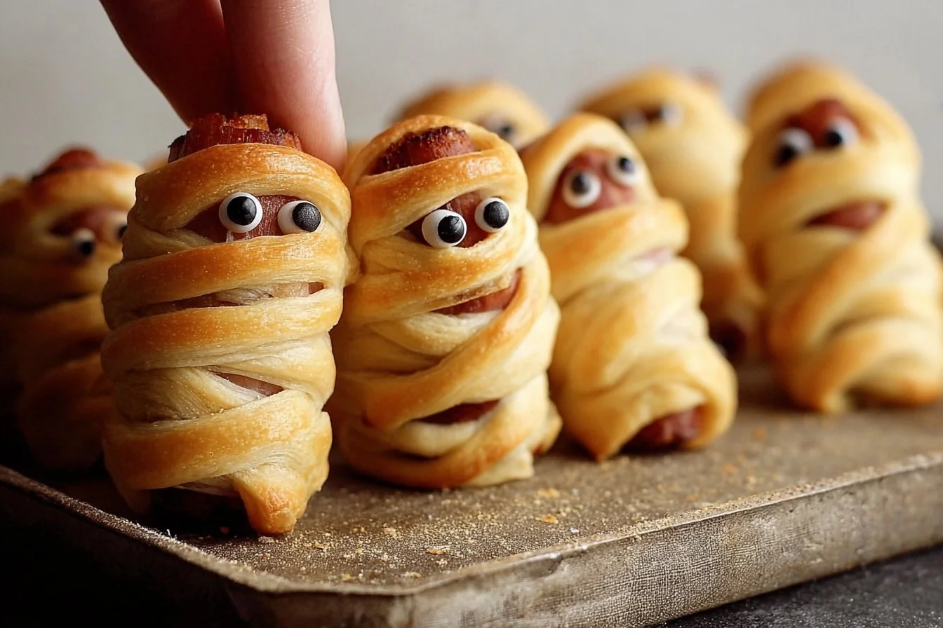 Mummy pigs in a blanket served on a festive platter for Halloween.