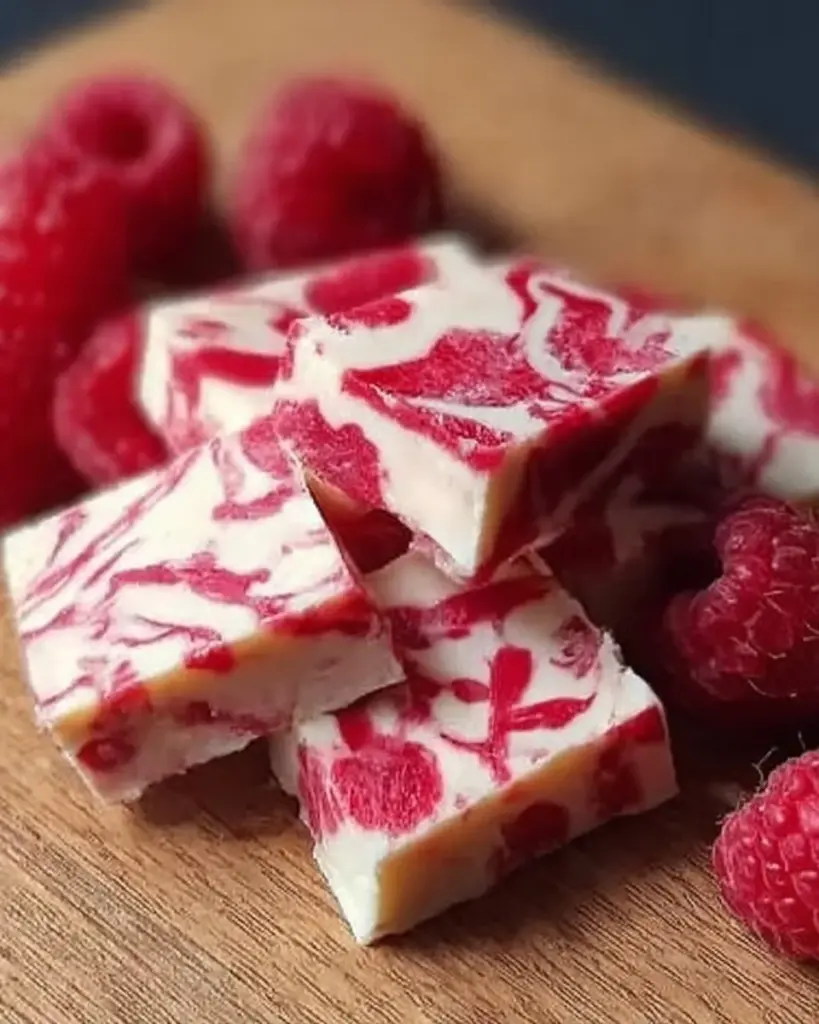 Delicious 4-ingredient coconut raspberry fudge in a decorative dish