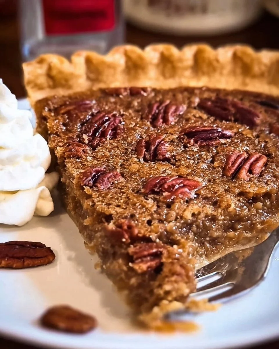 Delicious slice of brown sugar pecan pie topped with pecans and caramel