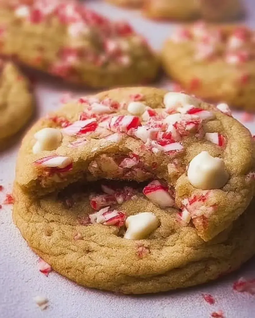 Candy Cane White Chocolate Chip Cookies stacked on a plate