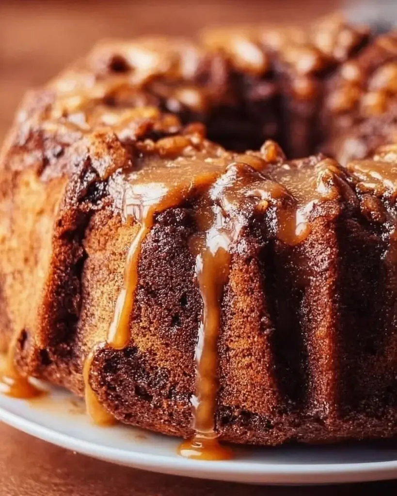 Delicious Caramel Apple Bundt Cake topped with caramel and apple slices.