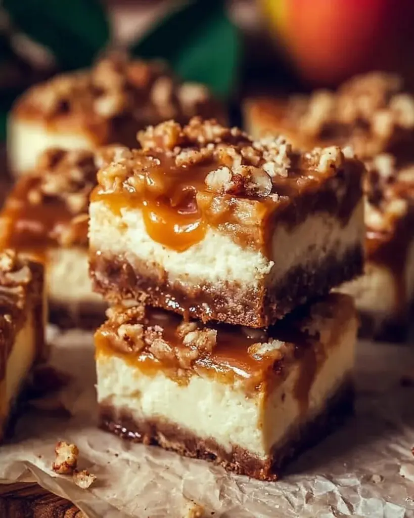 Delicious caramel apple cheesecake bars topped with rich caramel drizzle