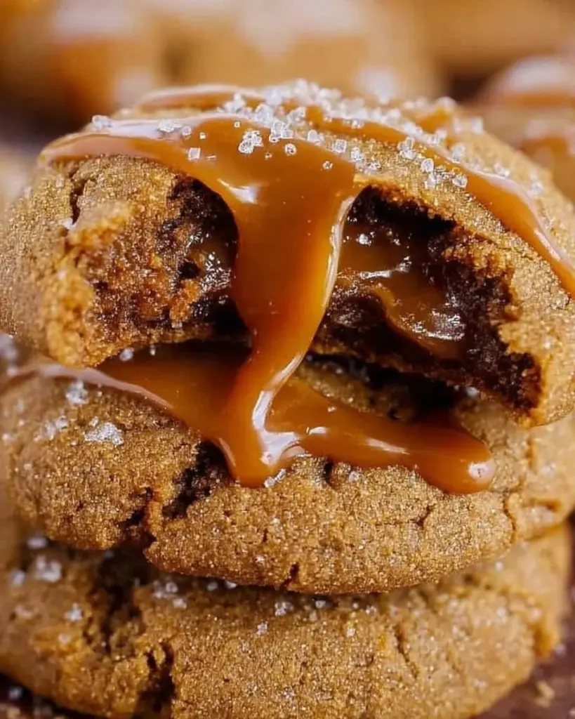 Delicious caramel stuffed pumpkin cookies on a rustic background