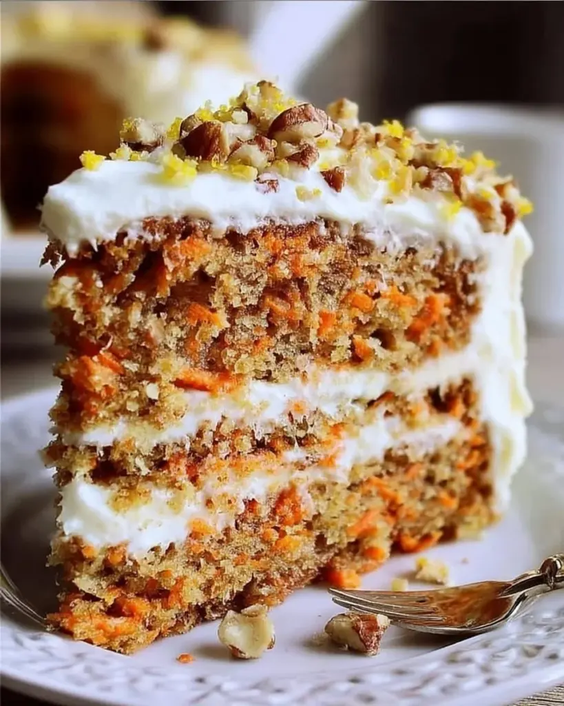 Delicious homemade carrot cake with cream cheese frosting and walnuts