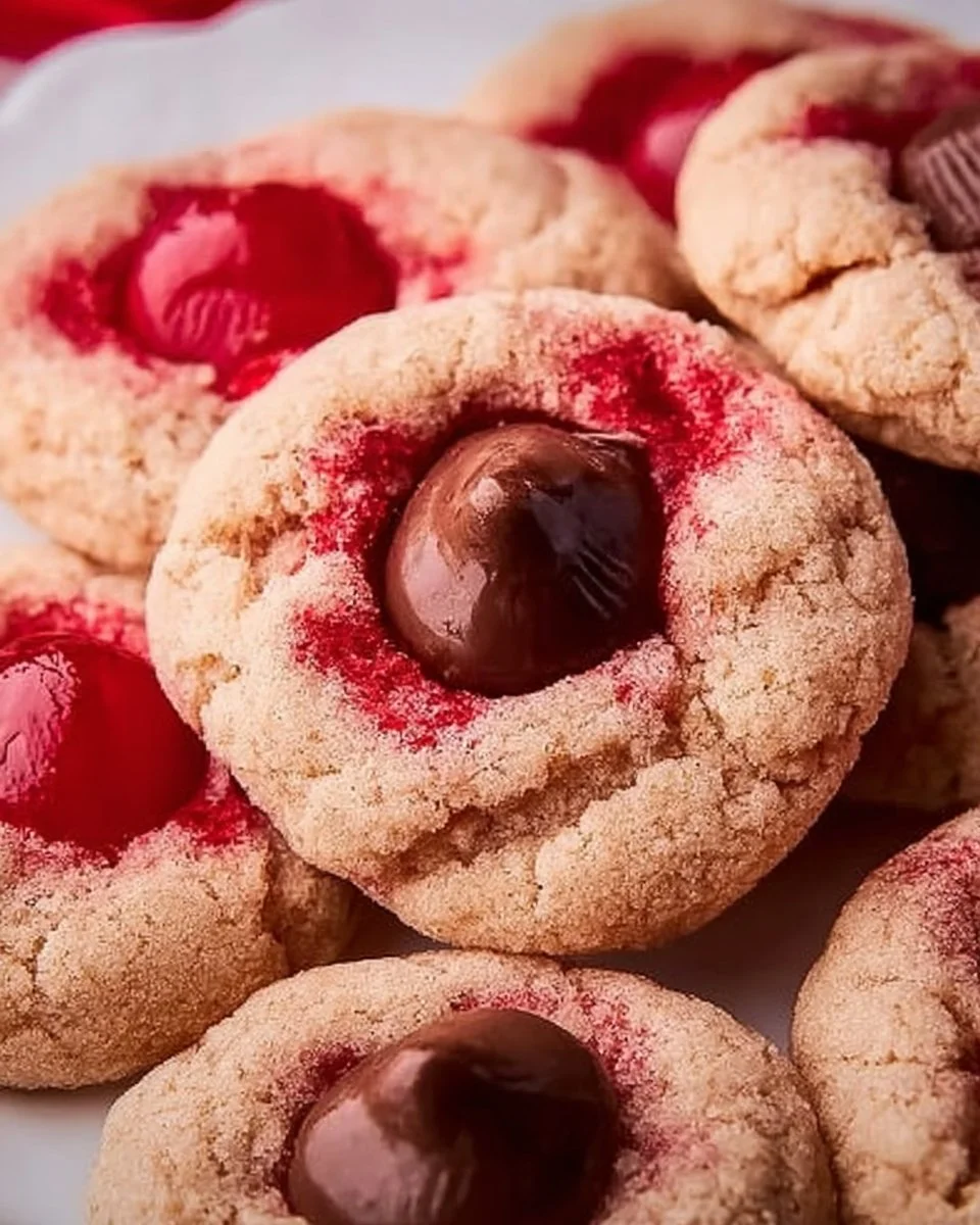 Homemade Cherry Kiss Cookies with cherries and chocolate on a plate