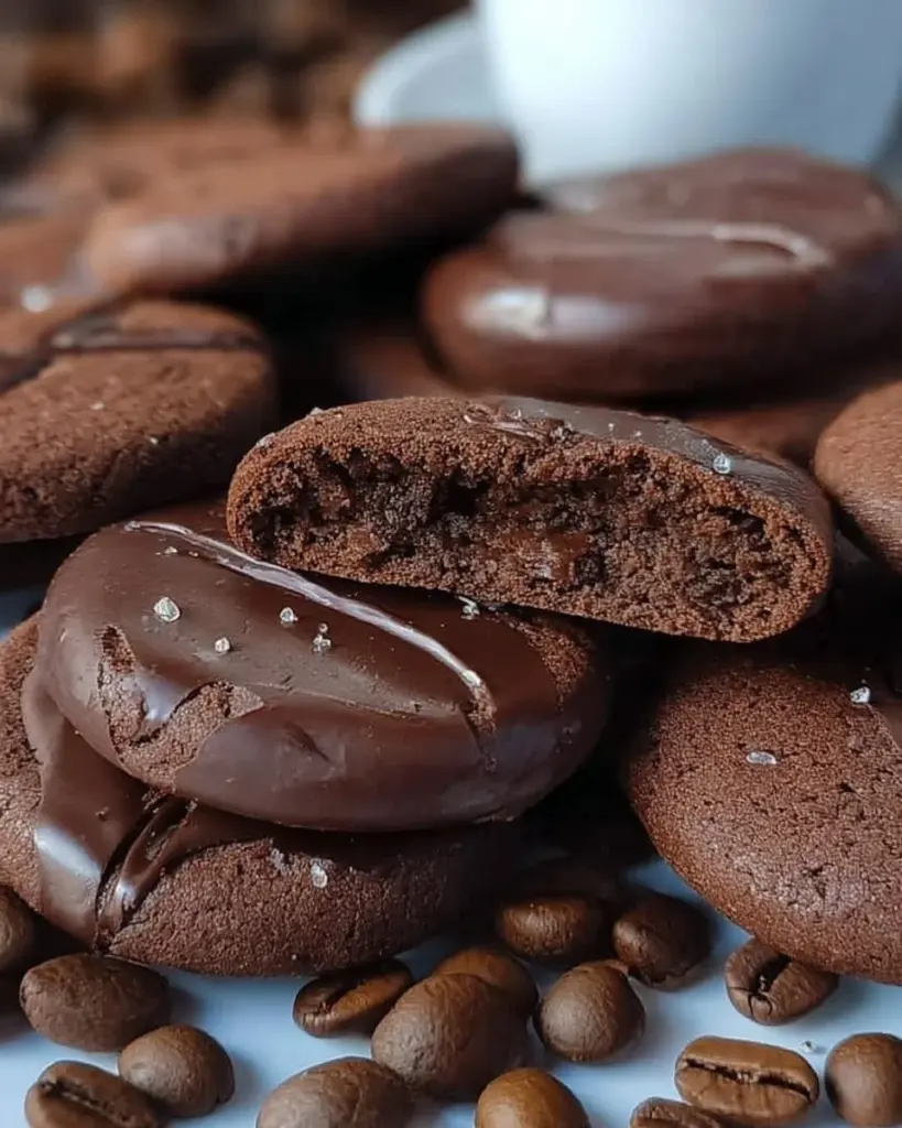 Freshly baked chocolate coffee cookies on a cooling rack