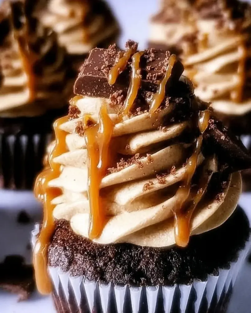 Chocolate espresso cupcakes topped with salted caramel buttercream frosting