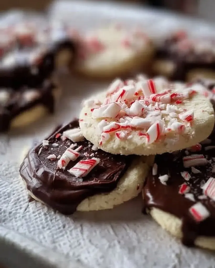 Chocolate peppermint bark sugar cookies decorated with crushed peppermint.
