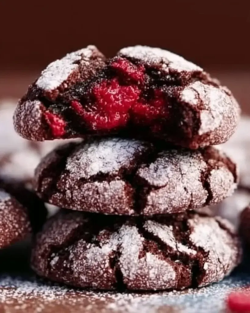 Deliciously baked Chocolate Raspberry Crinkle Cookies with a powdered sugar topping