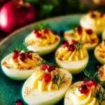 Plate of Christmas deviled eggs garnished with red and green herbs