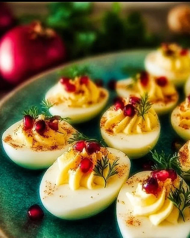 Plate of Christmas deviled eggs garnished with red and green herbs