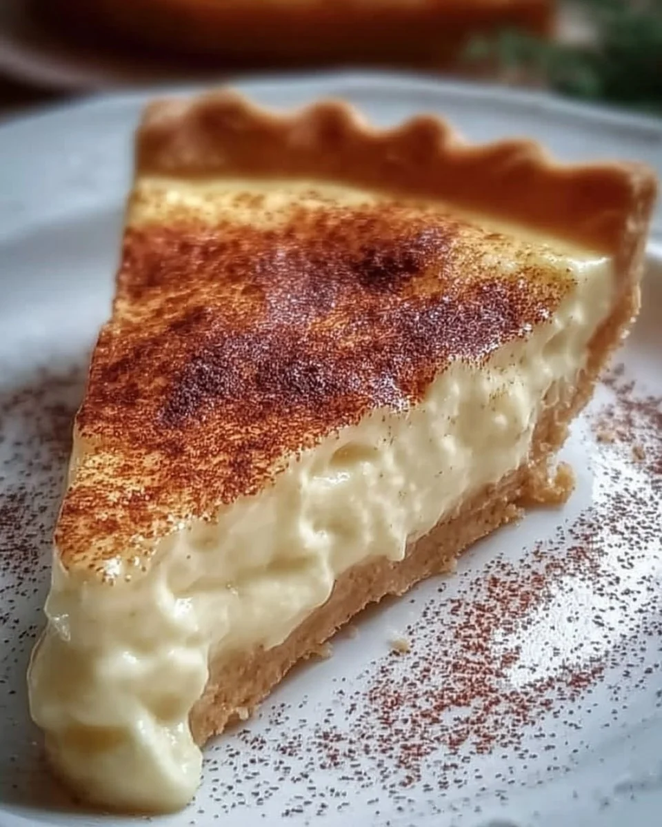 Delicious Christmas Eve cinnamon-vanilla creamy custard pie slice