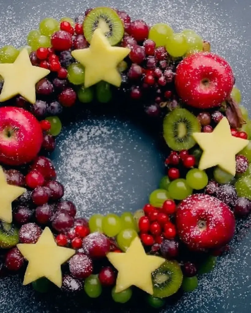 Beautifully crafted Christmas Fruit Wreath with seasonal decorations