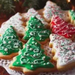 Decorated Christmas sugar cookies shaped like classic iced trees.