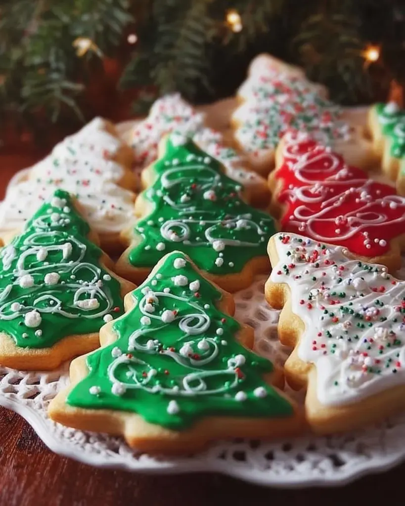 Decorated Christmas sugar cookies shaped like classic iced trees.