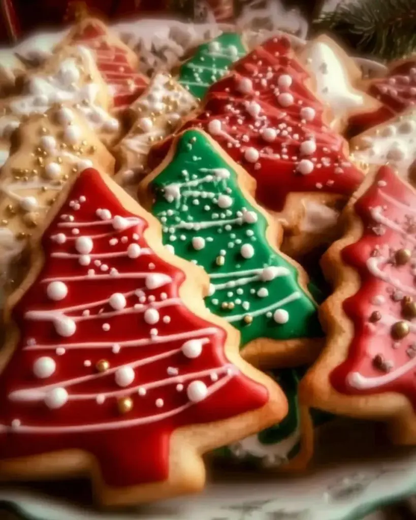 Deliciously decorated Christmas Tree Cookies on a festive plate