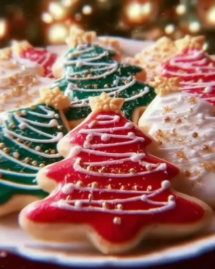 Festive Christmas Tree Sugar Cookies decorated with colorful icing.