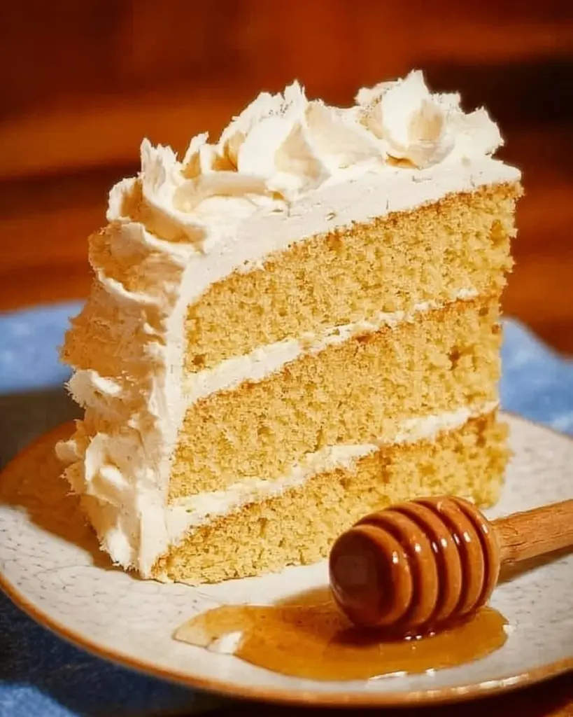 Cornbread cake with honey buttercream frosting served on a plate